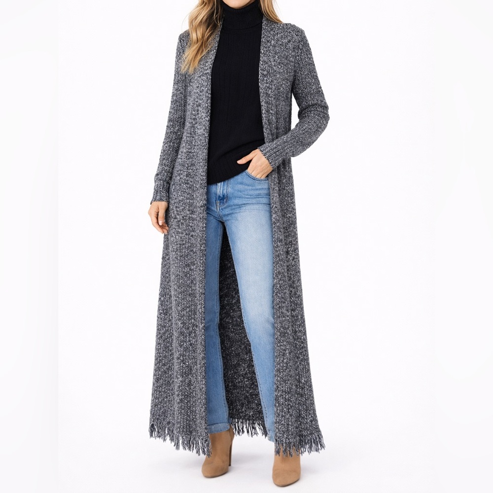 Bebe Gray Duster Maxi Cozy Sweater Cardigan Fringe Hem Women’s Size Medium